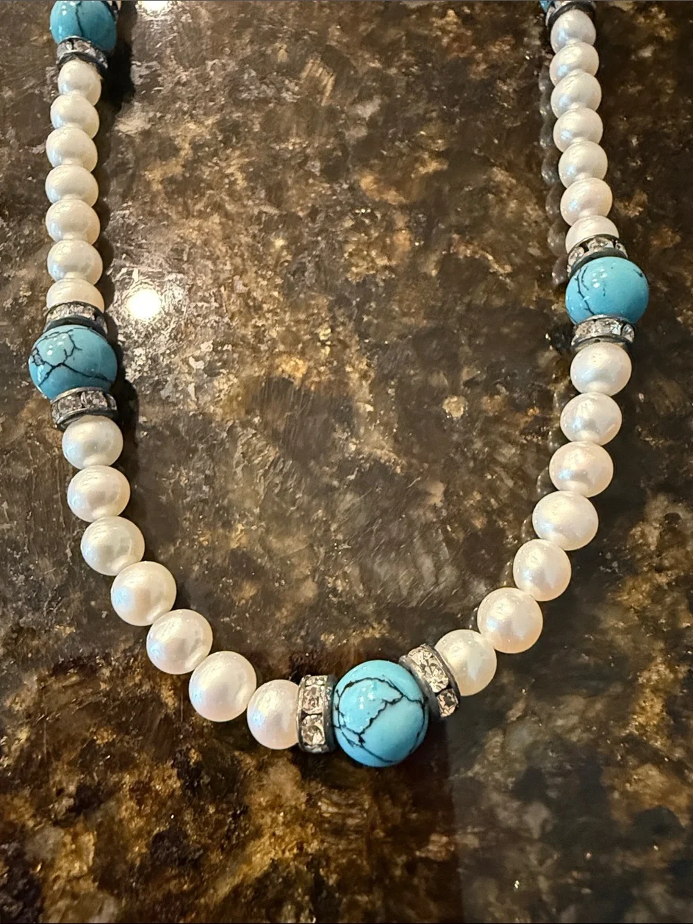 Classic White Pearl and Turquoise Bead Necklace - Women's Jewelry